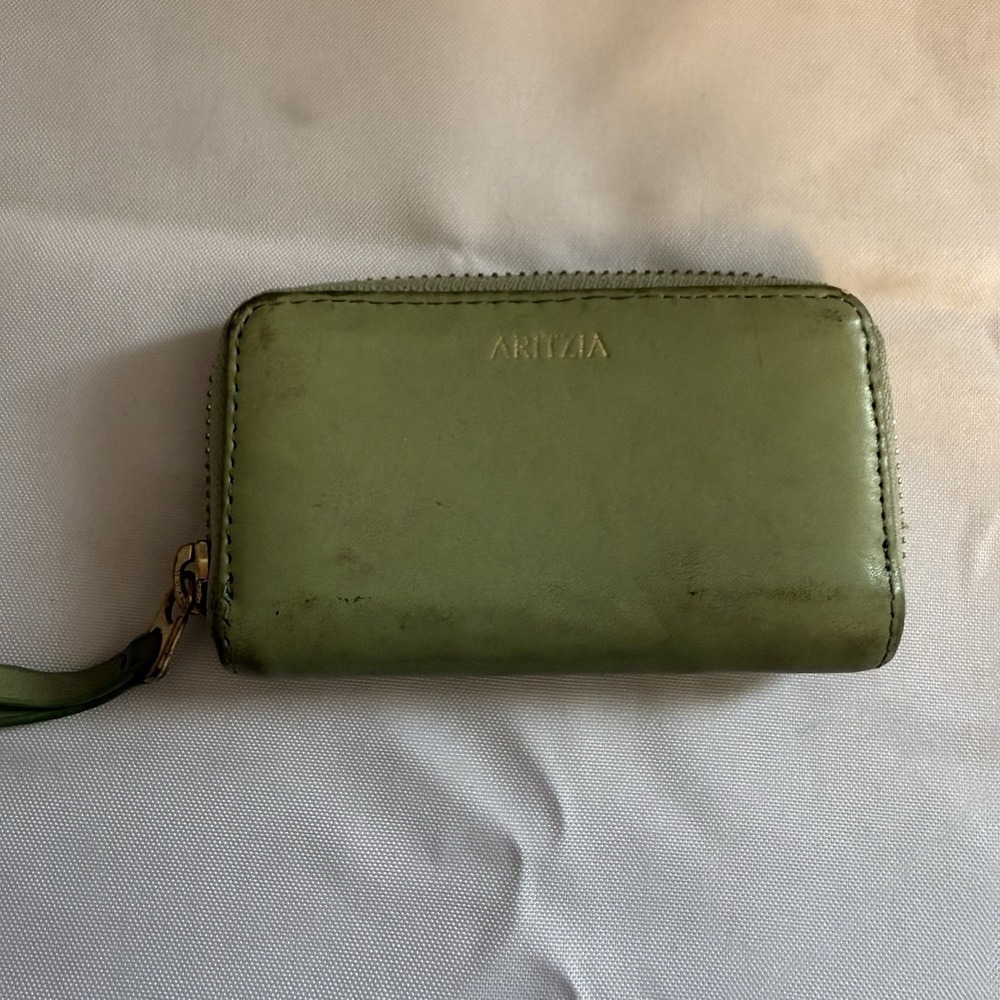 Aritzia Clientele Coin Pouch Wallet in Light Green Leather Zip Around